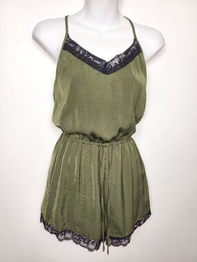 Hollister olive green satin feel lace trim romper | Size XS